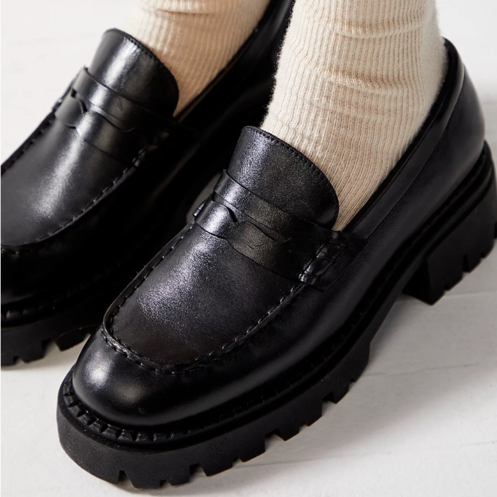 Free People Lyra Lug Sole Black Penny Loafers in original box